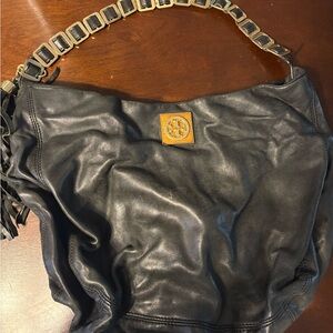 Authentic Tory Burch Black Leather Shoulder Bag with Gold Chain